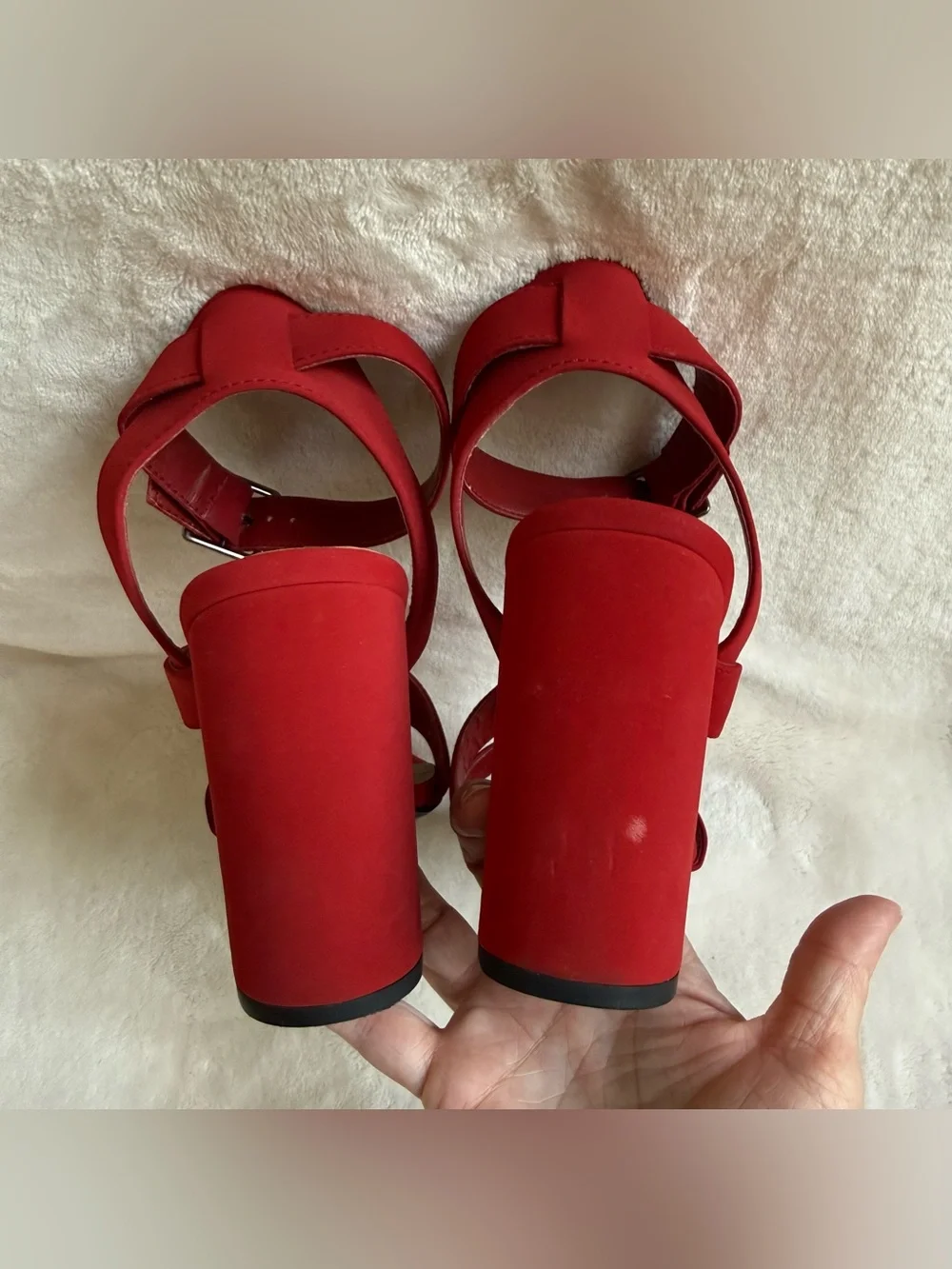 YNot Red Strappy Block Heel Sandals Square Toe Ankle Strap Size 9